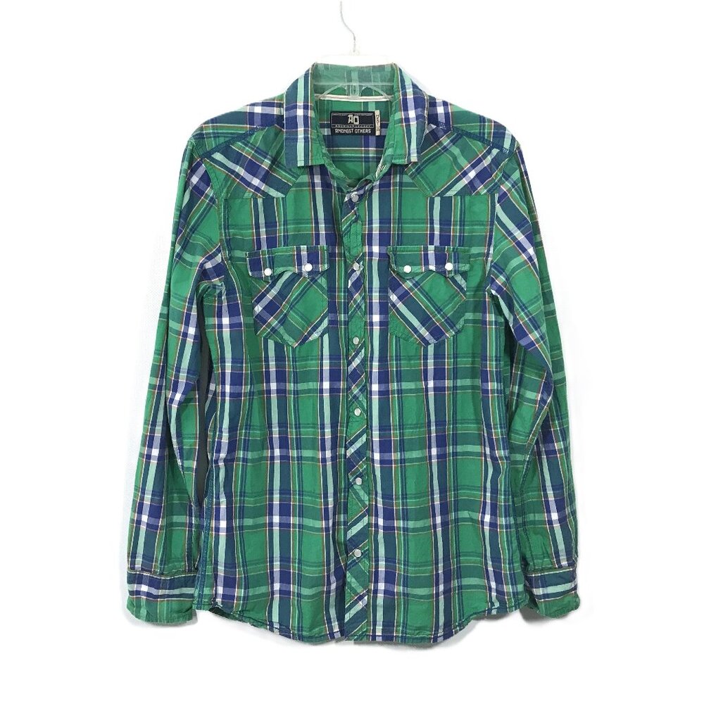 Amongst Others Men's Pearl Snap Long Sleeve Button Down Shirt Green Plaid M